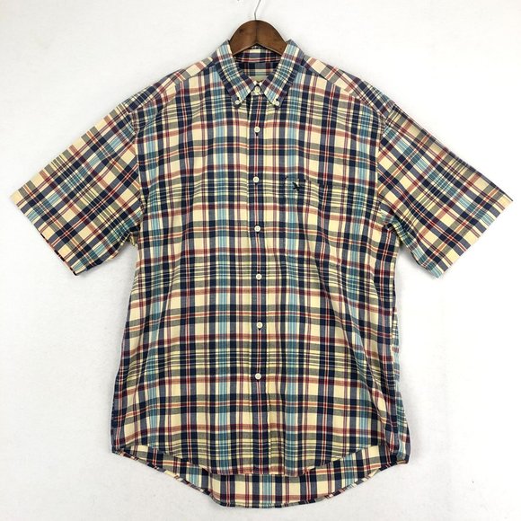 Eddie Bauer Men's Medium Blue Red Yellow Plaid Short Sleeve Button Down Shirt - Picture 1 of 9